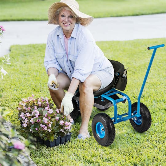 Costway Rolling Garden Cart Work Seat with Adjustable Height, Tool Tray & Storage Basket